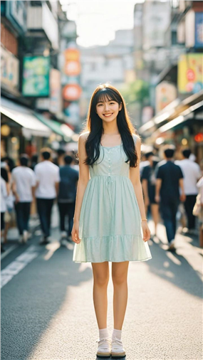 繁华街头街拍蓝色连衣裙少女美女图片